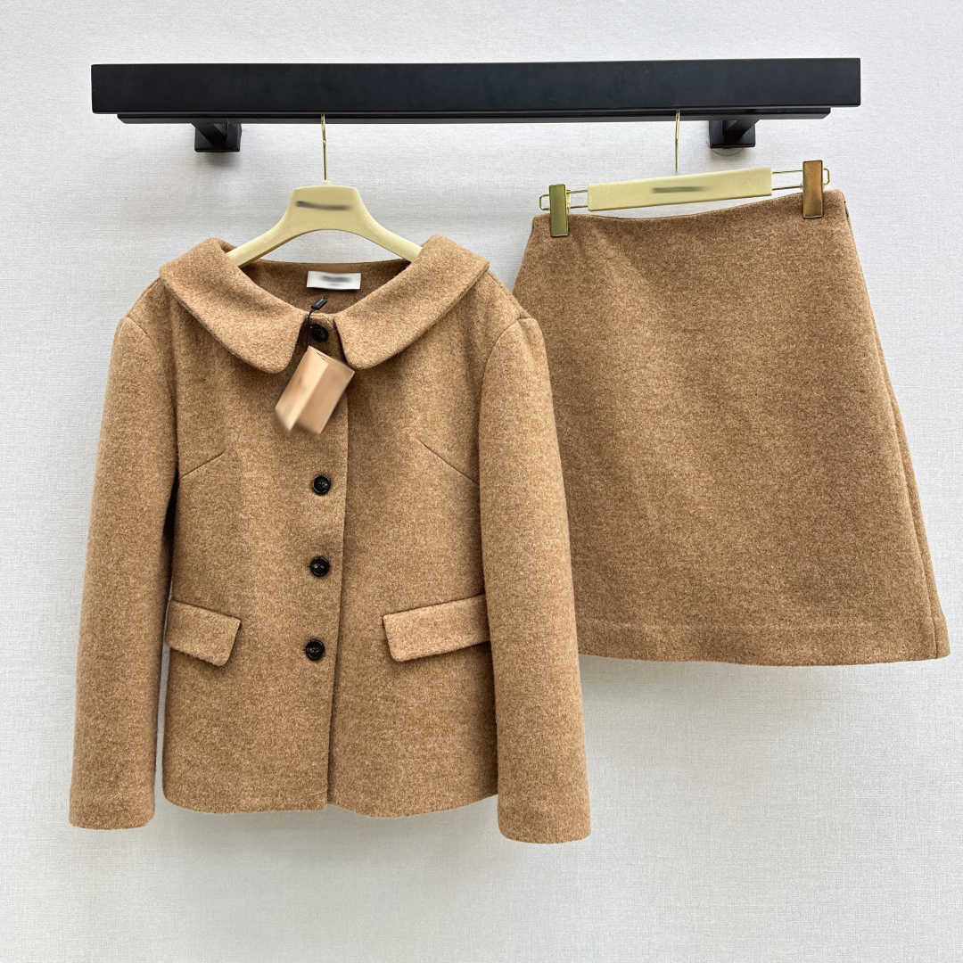 Designer Skirt Set Vintage Chic Woolen Coat Women Two Pieces Set Lapel Single Breasted Slim Fit Solid Color Sweet Elegant Winter Jacket 251211