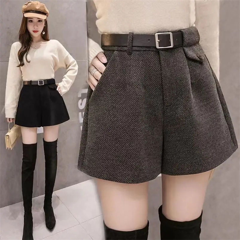 2024 Womens Woolen Shorts A-line Loose High-Waisted Casual Thick Boots Pants for Autumn Winter Comfortable Bootcut Black251210ww