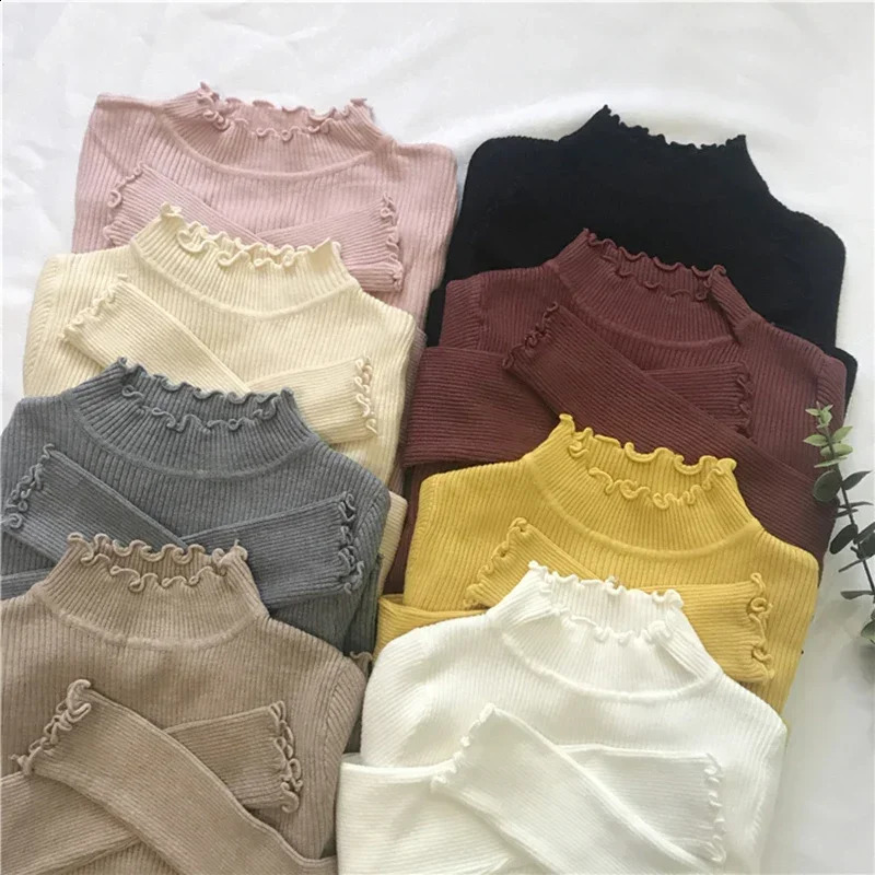 High Elastic Solid Korea Fall Winter Fashion Sweater Turtleneck Ruched Women Sweater Women Slim Sexy Knitted Pullovers White 251210