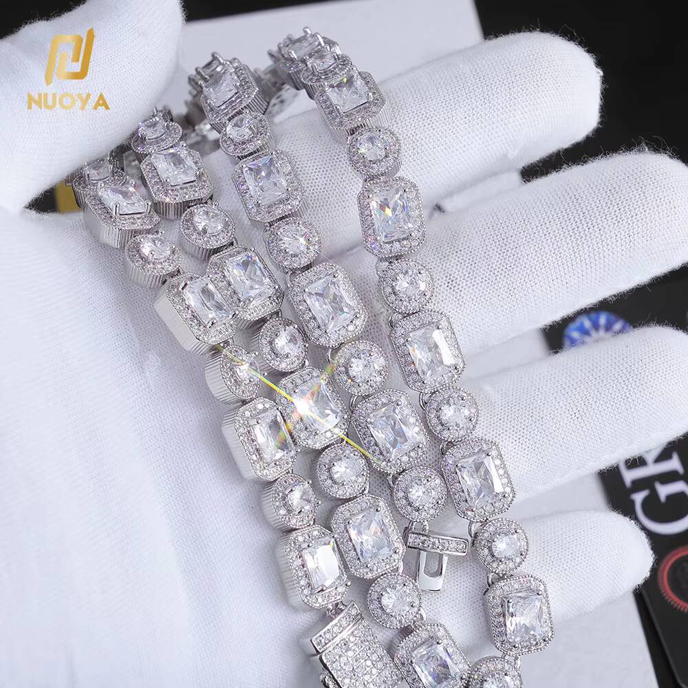 NUOYA 925 Sterling Silver Bling Iced Out VVS Moissanite Rock Square Round Diamond Tennis Chain for Women Men Fine Jewelry Gift