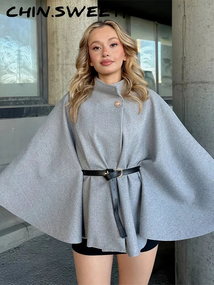 Elegant Belt Cape Coat Women Loose Solid Stand Collar Button Long Sleeve Party Cloak Female 2025 Autumn Fashion Lady Coats 251128