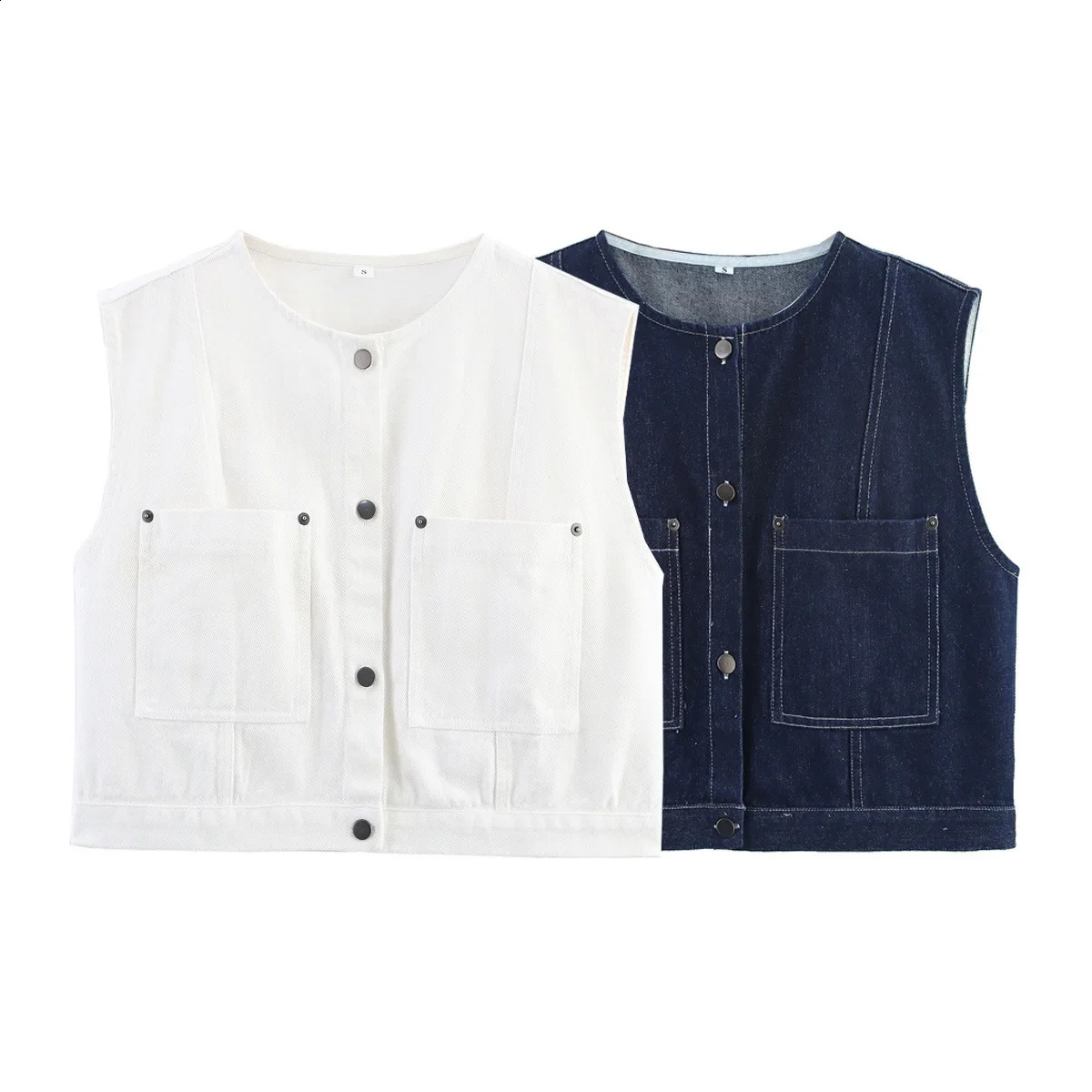 Summer 2025 Arrival INS Style Simple Versatile Sleeveless round Neck Short Denim Vest Dual Color Fashionable Womens Top 251129