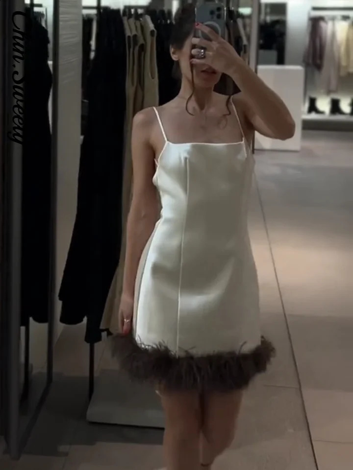 Elegant Fur Patchwork Womens Slip Dress Sleeveless Lady Mini Dresses 2026 Spring Chic Female Party Ball Evening Robe 251210