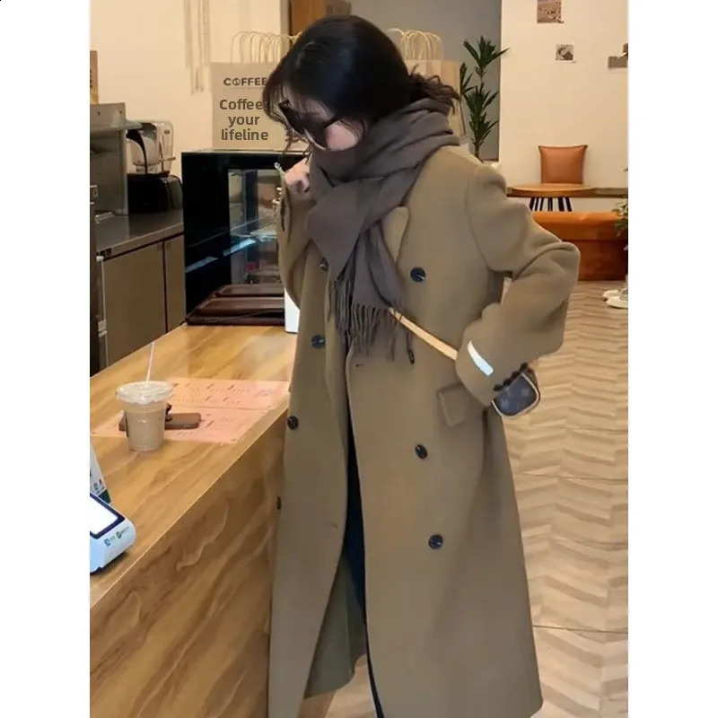 Plus Size Khaki Woolen Coat Womens Autumn Winter Medium Length Korean Loose Long Sleeve Small Size Tweed Jacket Trendy 251210