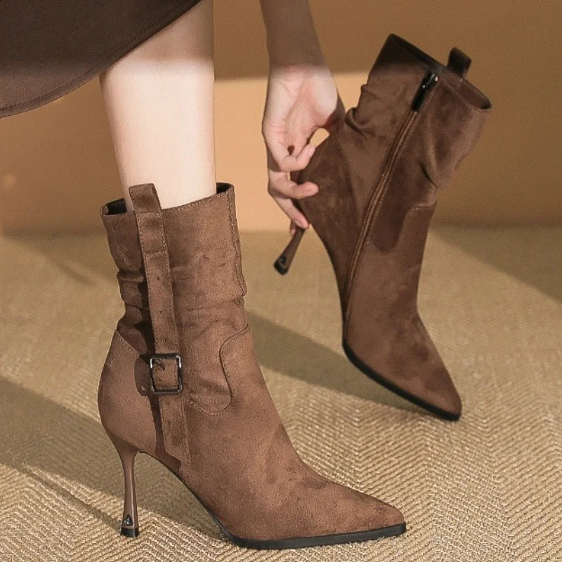 High Heels Women Ankle Boots Pointed Toe Shoes Winter Chelsea Boots Elegant Dress Pump Zip Short Boots Mujer Zapatos 251209