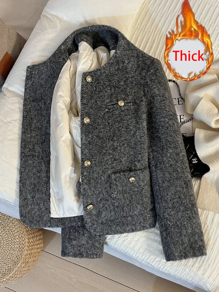 Zoki Winter Faux Woolen Gray Coat Women Vintage Thick Warm Long Sleeve Slim Jacket Casual O Neck Female Korean Elegant Retro Top 251210