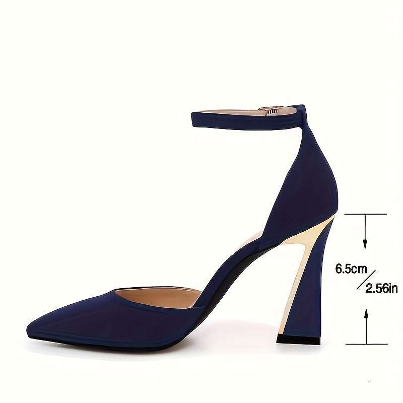 Pointed Pumps Elegant Closed Toe Heels With Ankle Strap, Navy Blue Formal & Casual Machine Washable Synthetic Cover For Weddings, Office, Parties -