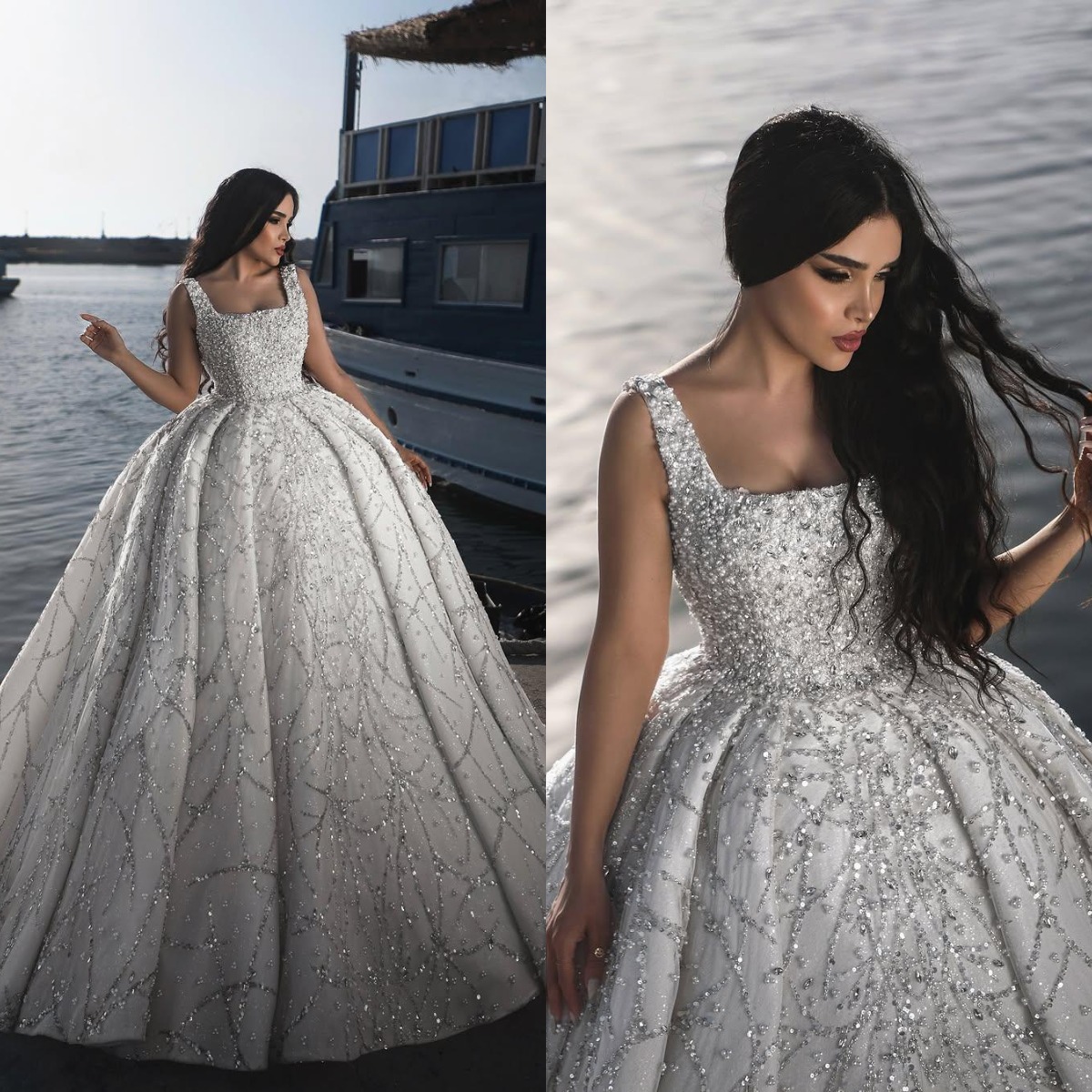 Gorgeous Ball Gown Wedding Dress Square Neck Sleeveless Bridal Gowns Crystal Sequins Pearls Sweep Train Dresses Custom Made vestidos de novia
