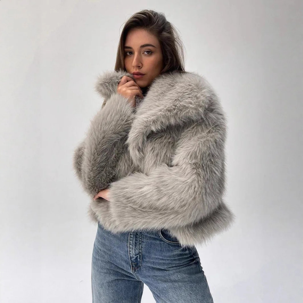 CRKJ Winter Womens Artificial Fur Jacket Solid Fluffy Collar Eco Fur Outwear For Female Thickened Furry Ladys Fur Down Coat 251210