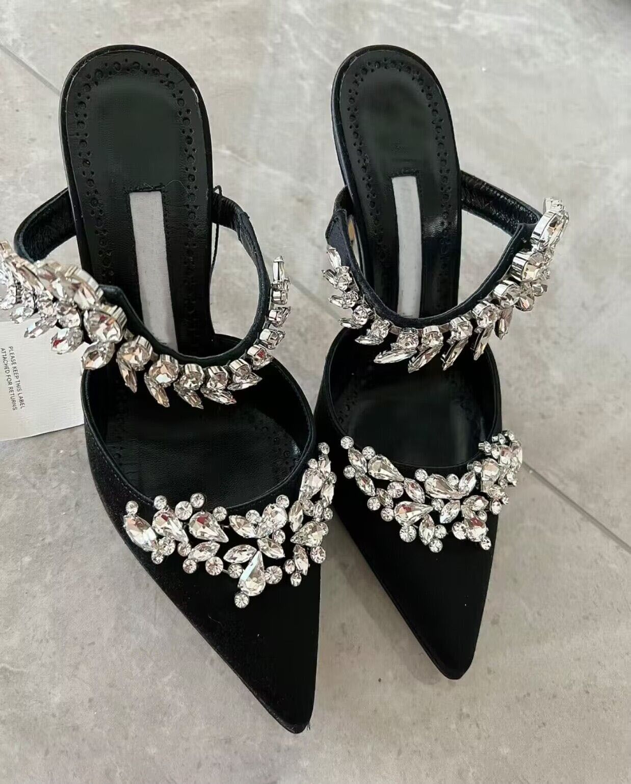 Wholesale Luxury Lurum Satin Sandals Shoes For Women Crystal Embellished Mules Party Dress Wedding Pointed Toe Pumps Lady Stiletto High Heels EU35-4