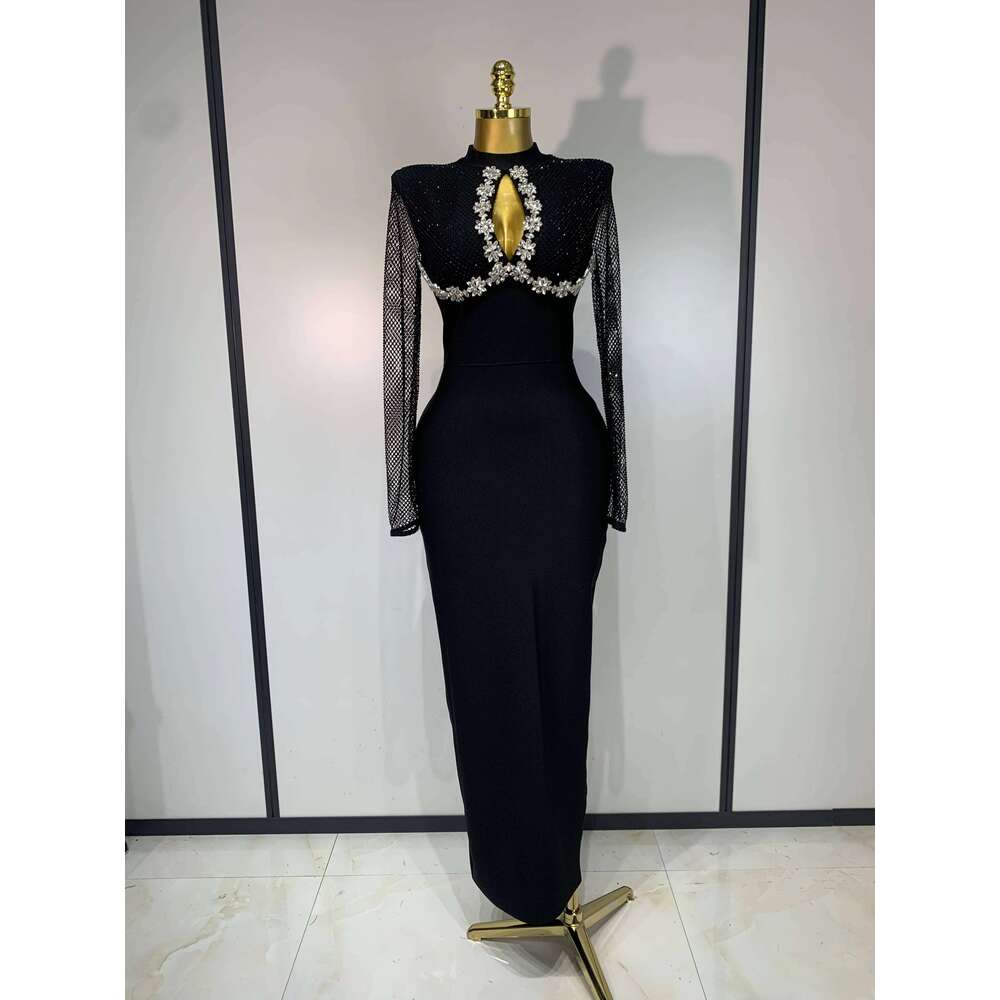 Women Sexy Sleeve Beading Black Maxi Long Bandage Dresses Birthday Party Celebrity Elegant Knitted Bodycon Club Dress Luxury
