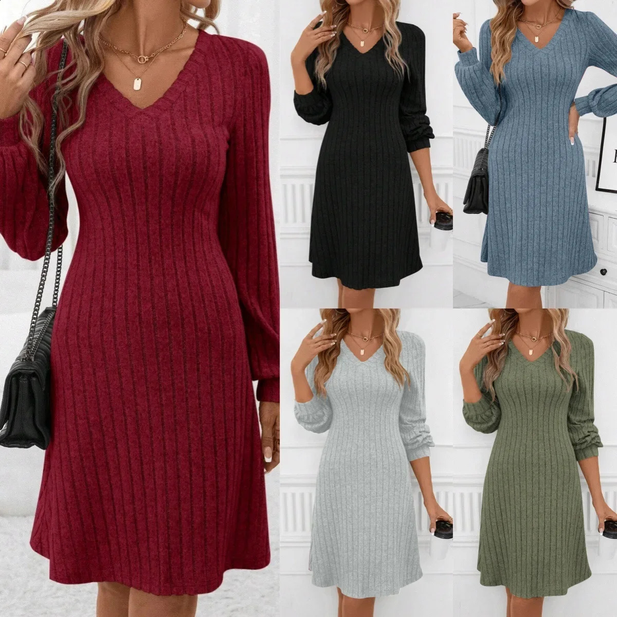 Fashionable Knitted Loose Womens Dress VNeck Long Sleeve Solid Color Autumn Winter Style Elegant Gown by None AE Stock 251201