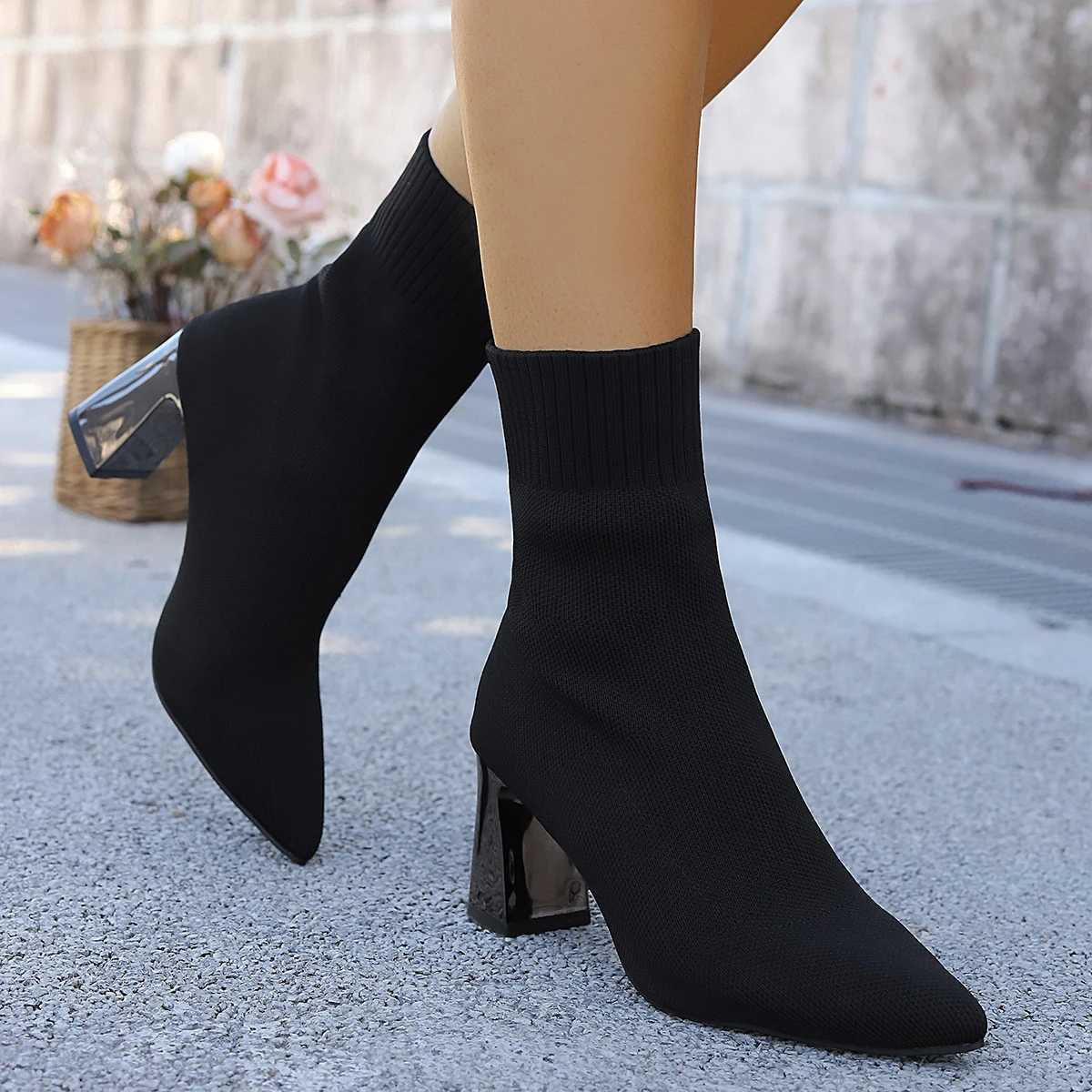 2025 Winter Knitted Streh Fabric Socks Boots Women Low Heel Short Boots Pointed Toe Female High Heel Ankle Booties Size 43 320XJ251211