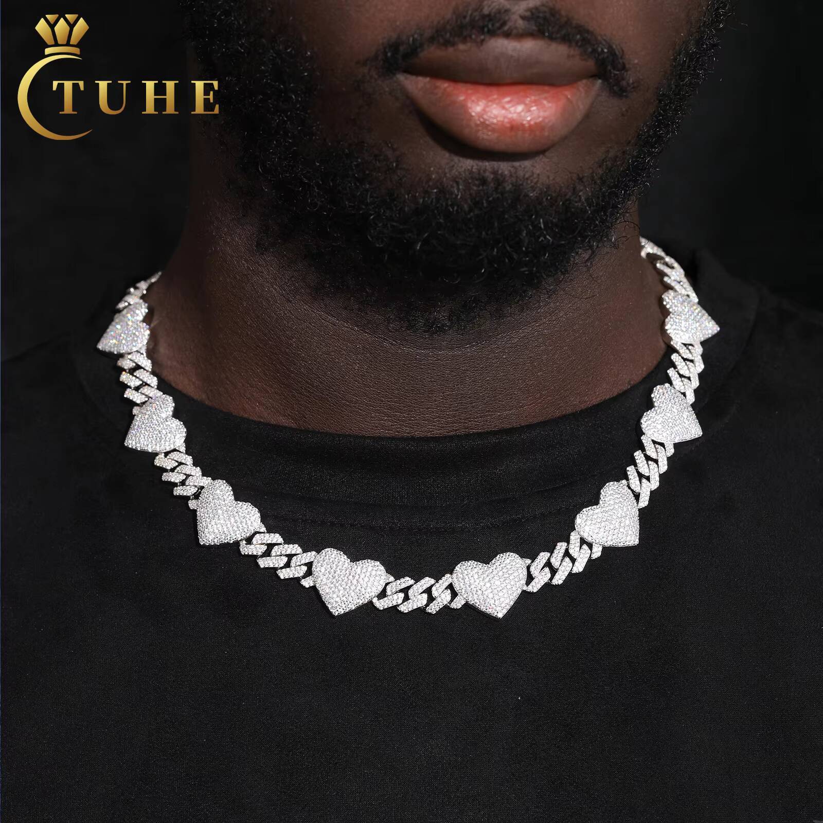 Fashion Hip Hop Jewelry 17mm 925 Sterling Silver VVS Moissanite Iced Out Heart Charm Cuban Llink Chain Necklace