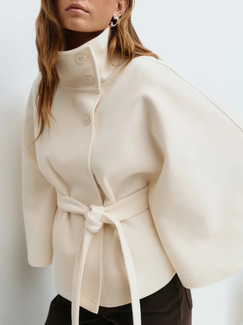 Fashionable Pure Color Womens Autumn Winter Coat Stand Collar Button Belted Cloak Elegant Commute Style Long Sleeve Polyester 251210