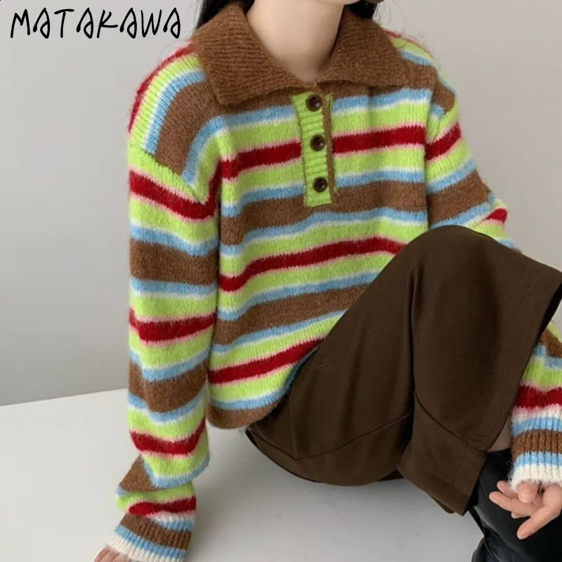 Matakawa Y2k Stripes Woman Sweaters Contrast Color Vintage Autumn Winter Pullovers Korean Fashion Thick Warm Pull Femme 251210