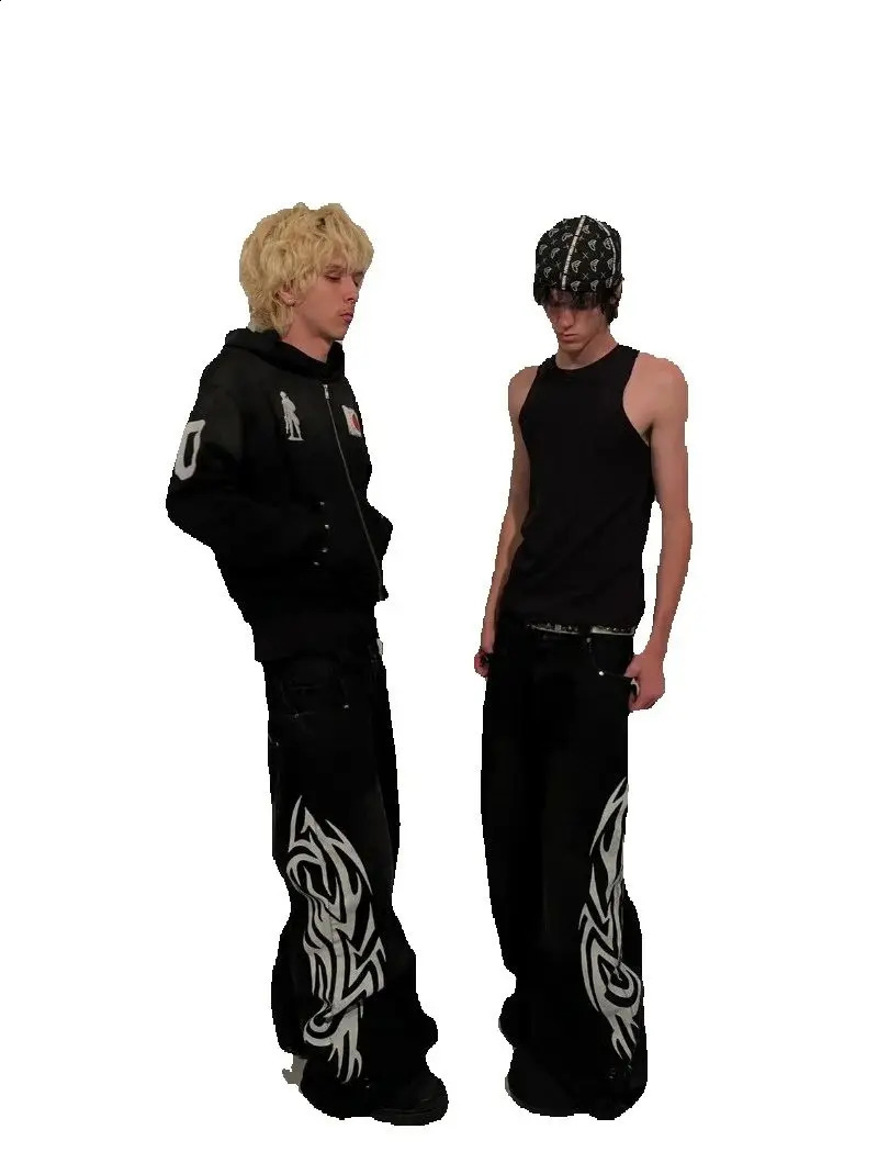 Y2K Retro Streetwear Trousers Women Gothic Punk Harajuku Totem Print Black Jeans Men Hip-hop Fashion Wide-leg Straight Pants 251210