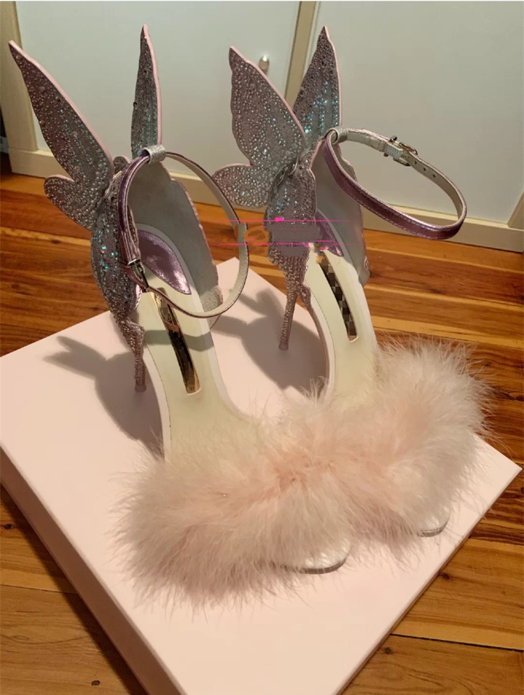 Alla qualità Sophia Webster Sandali estivi Farfalla alata Festa sottile tacco alto Pelliccia rosa Abito da sposa multicolore Abito da ballo