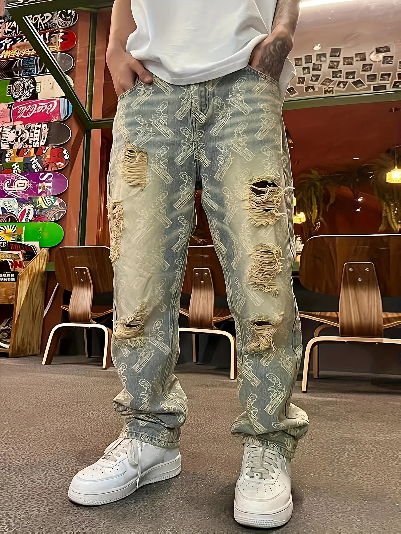 American-Style Street Washed Distressed Ripped Jeans for Men Spring and Autumn Straight-Leg Loose European and American High Street Vibe Long Pants