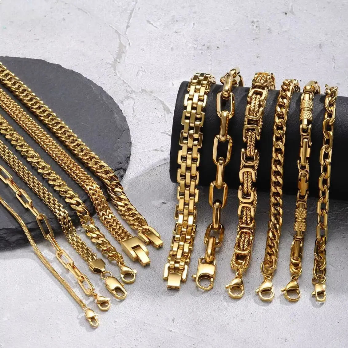 Gold Color Mens Chain BraceletWaterproof Stainless Steel Link WristbandGift for Husband Dad BBF Son 251203