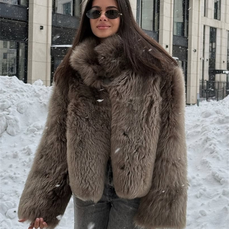 Women Winter Warm Faux Fur Coats Fashion Long Sleeve Stand Collar Short Jackets 2025 Lady High Street Commute Outerwear251210ww