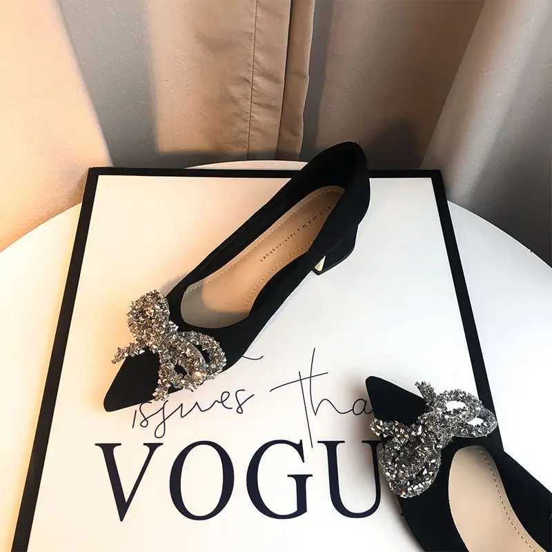 Black High-heeled Shoes Womens Spring Autumn French Style 2023 New Suede Pointed Thick Heeled Shoes Rhinestone Luxury Shoes Z251211