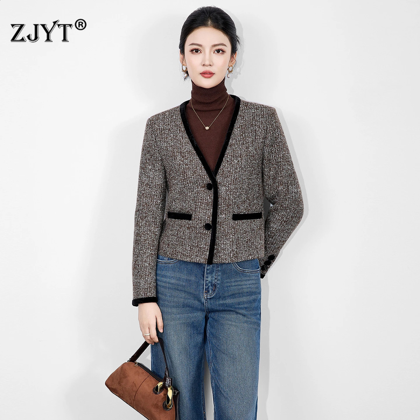 ZJYT Fashion Womens Tweed Woolen Jackets and Coats Autumn Winter er Long Sleeve V Neck Vintage Outerwears Femme Veste 251210