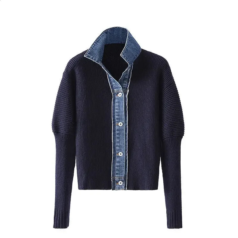 Loose Denim Patchwork Knitted Jacket Women Bubble Sleeve Two-Piece Sweater Trendy Cotton Polo Collar Full Length Sleeve 251210