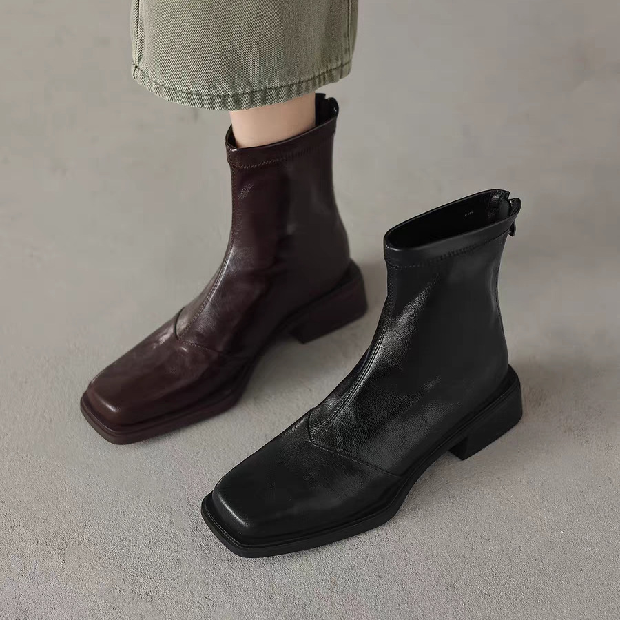 Free shipping designer retro soft leather thick heel elastic short boots for women slim boots with square toe and back zipper black Martin boots new