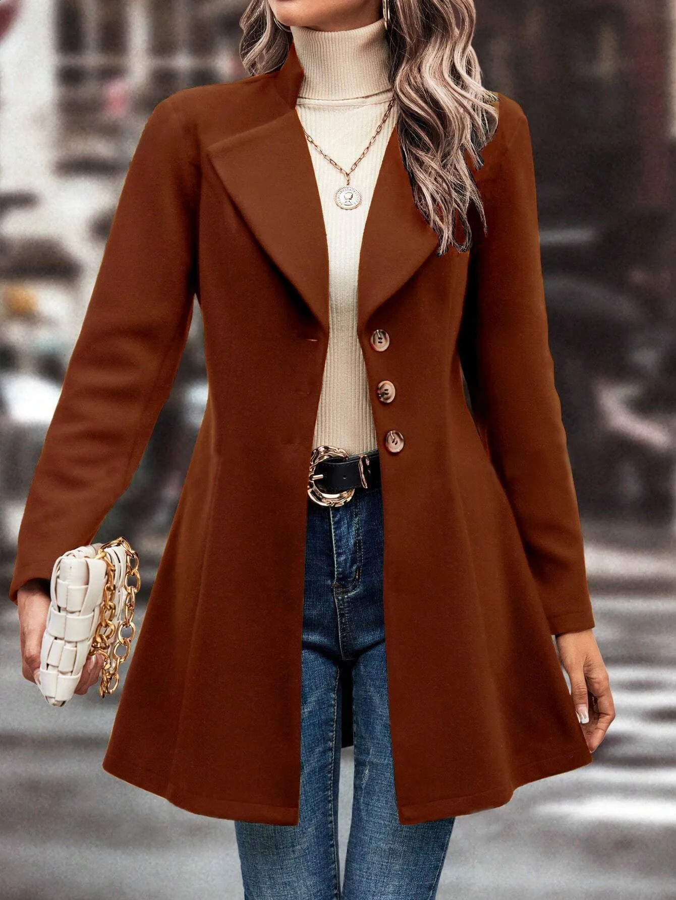 Elegant Pure Color Slim Fit Woolen Coat for Women Turn-down Collar Medium Thick Fashionable Commute Style Autumn Winter A 251210