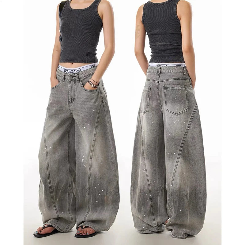 YIBASHU Womens Baggy Gray Jeans Denim Goblin Core American Retro High Street Y2K Japanese Harajuku Wide Fit Cowboy Grunge Punk 251210