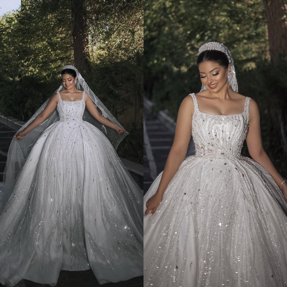 Exquisite Ball Gown Wedding Dress Square Neck Sleeveless Bridal Gowns Crystal Sequins Court Train Dresses Custom Made vestidos de novia