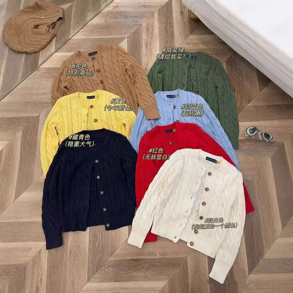 High Quality / Scannable Raffia Pony Label Cable Knit Cardigan Embroidered Crew Neck Simple Sweater