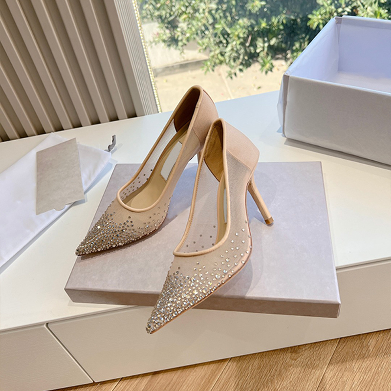Décolleté con strass di lusso Designer Mesh Tacchi alti Donna Cristalli Scarpe da sposa Sandali con punta sexy in pelle con tacco a spillo 984