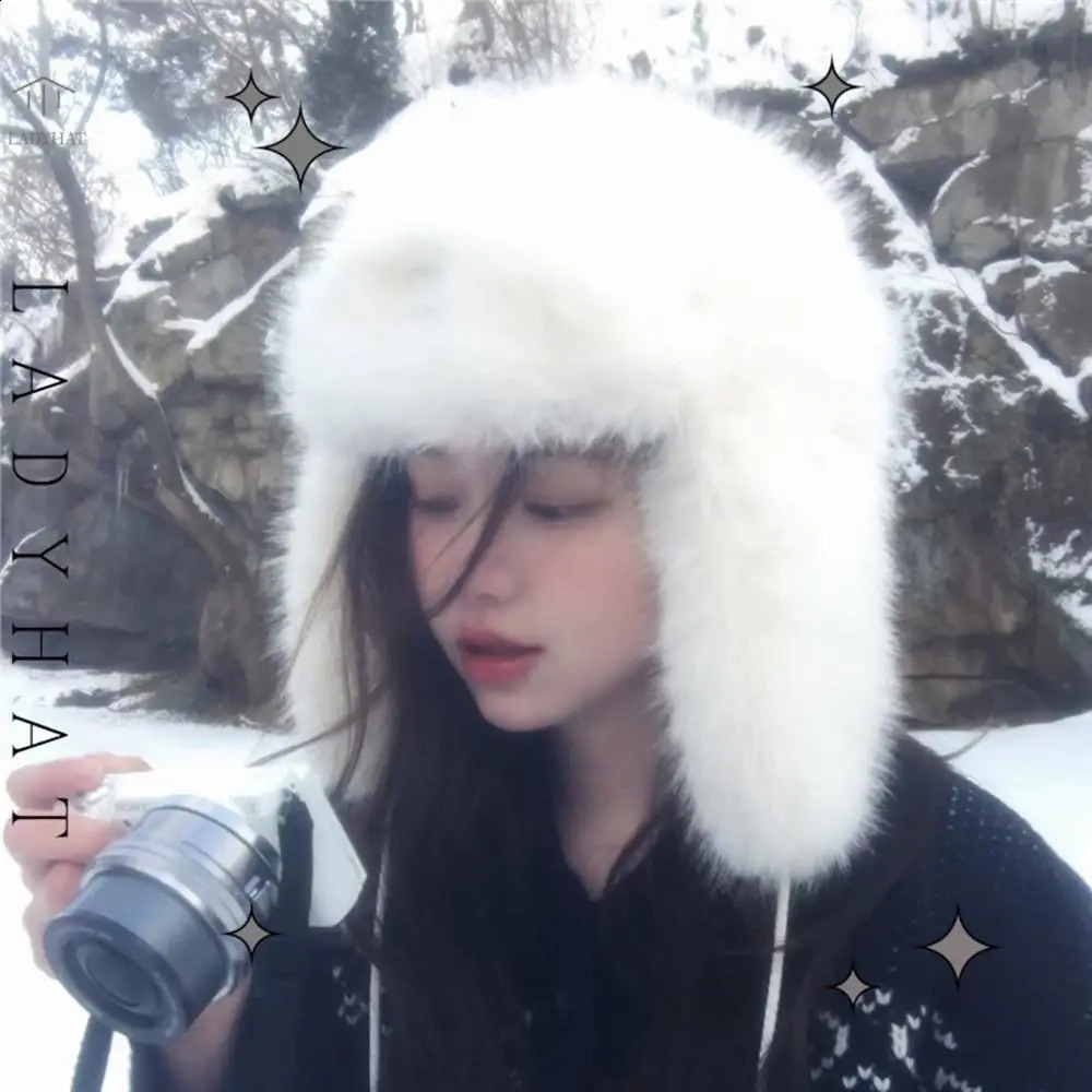 Womens Winter Thickened Warm Russian Cap Korean Fashion Ushanka Earflap Pilot Hat Y2K Faux Fur Bomber Hat Windproof Earflap Cap 251210