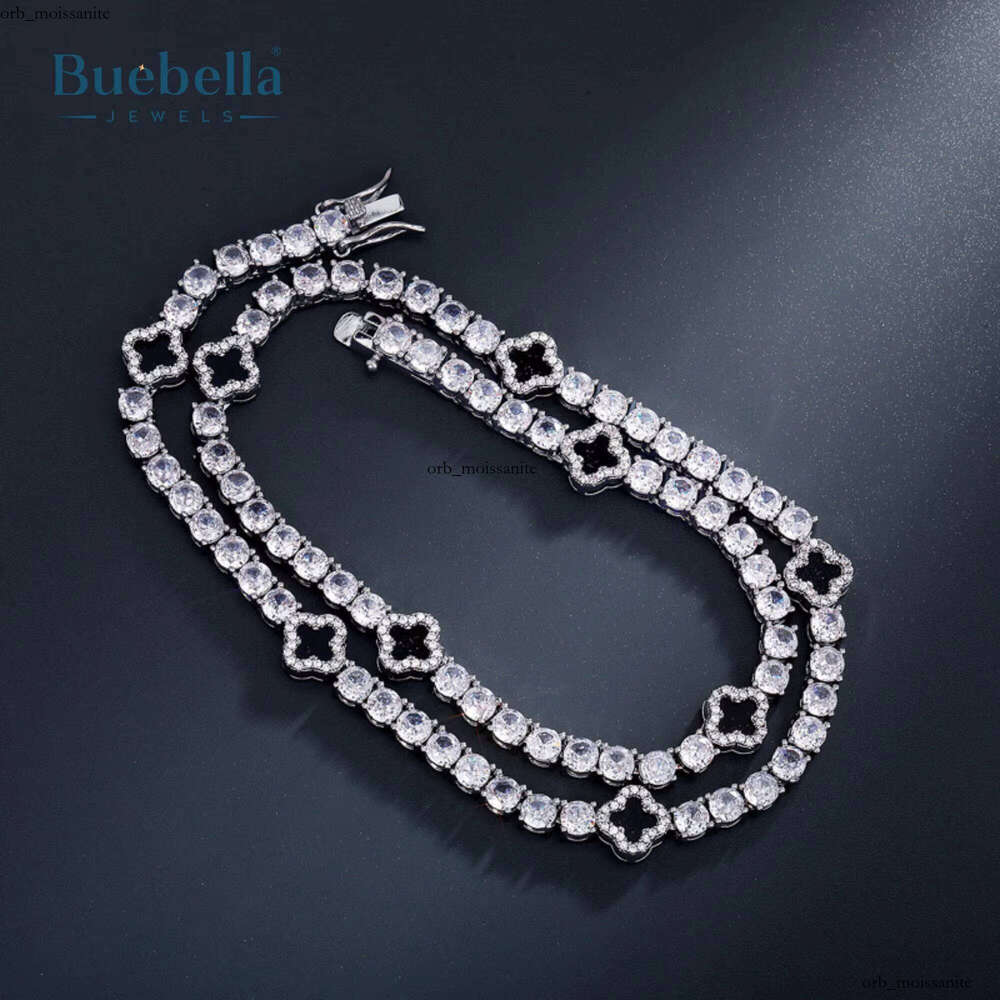 VVS Moissanite Hot Sale 14k White Gold Plated Cuban 925 Silver Tennis Chain 9mm Black Clover Leaf Silicon Jewelry