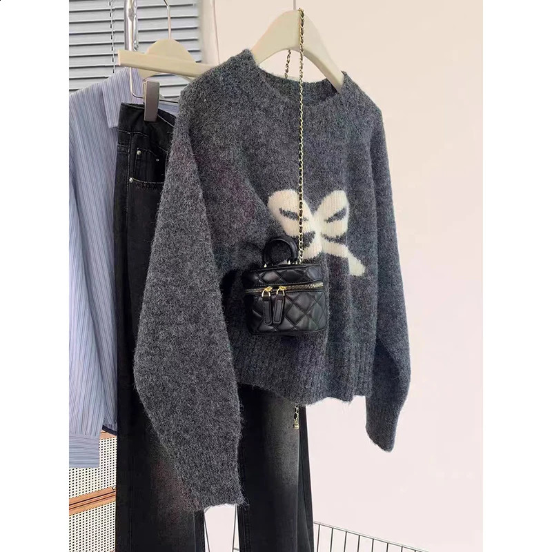 Autumn Winter Bow Knitted Sweater Womens Korean Style O-neck Knitwear Casual Versatile Long Sleeve Pullover Tops 251210