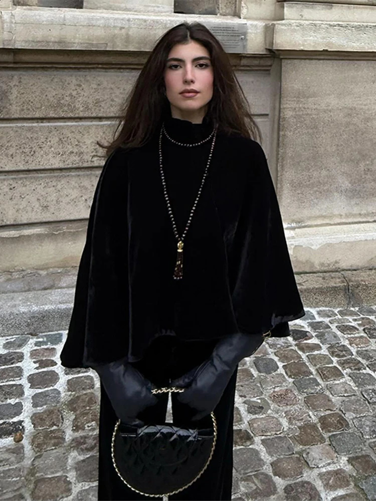 Elegant Velvet Solid Womens Cape Coat Fashion Stand Collar Zipper Female Loose Cloak Spring Ladies Outcoat High Street 251211