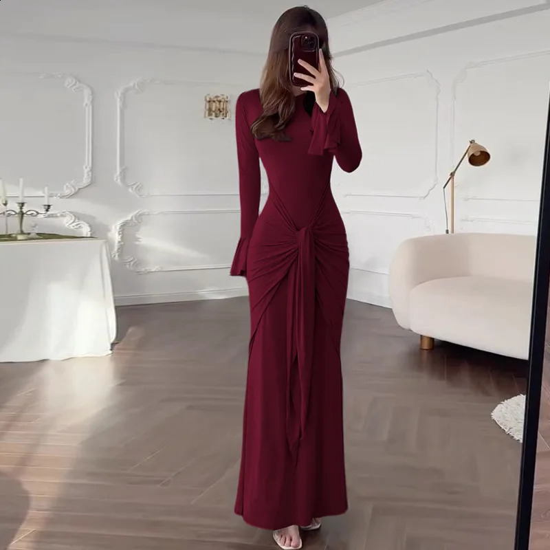 Elegant Pure Color Long Sleeve round Neck Belted Dress Autumn Fashion Womens Clothing Street Style High Waist Tie n 251201