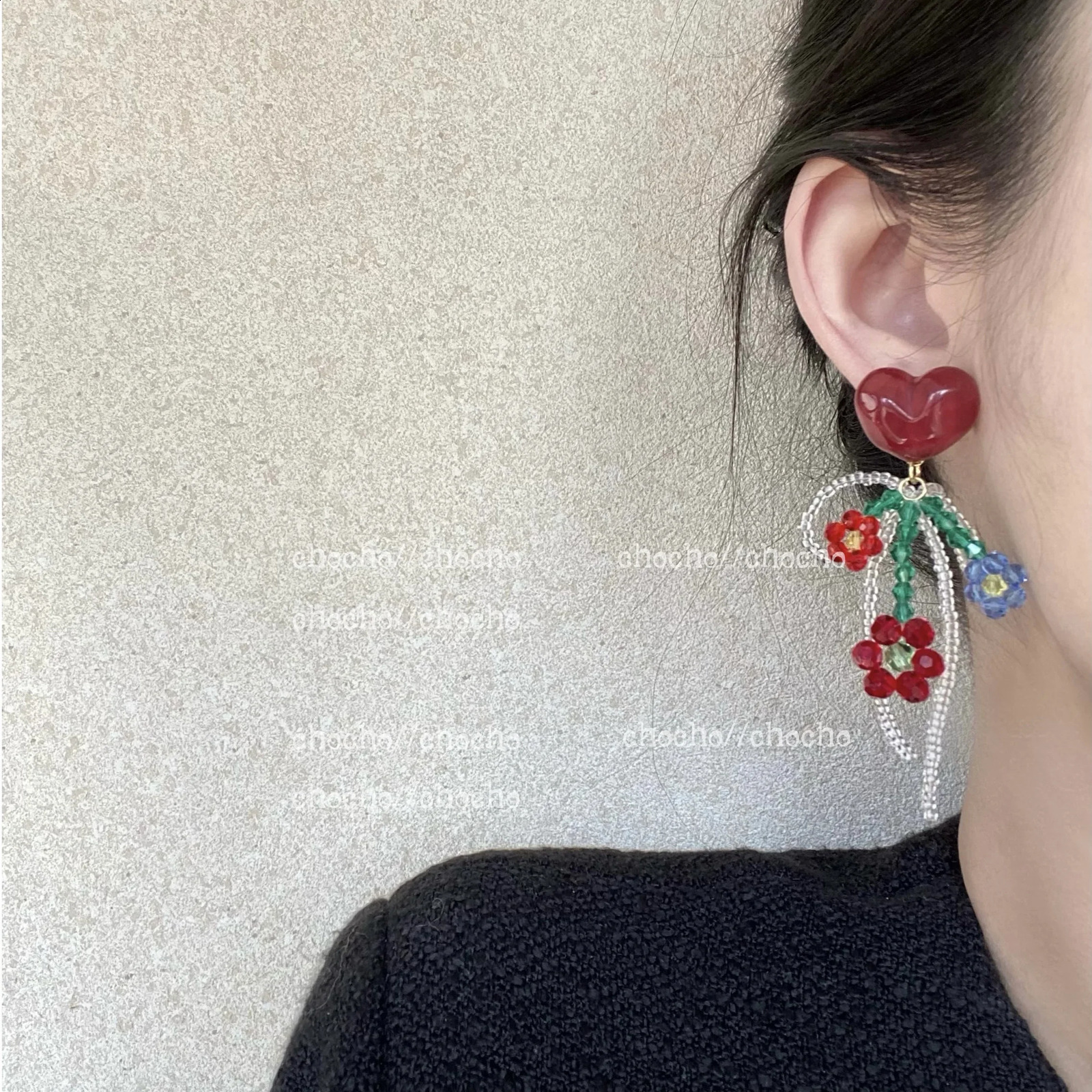 Personality Exaggerated Earrings Red Heart Crystal Bow Ear Clip Statement Big Flower Long Tassel Clip on Earrings No Piercing 251205