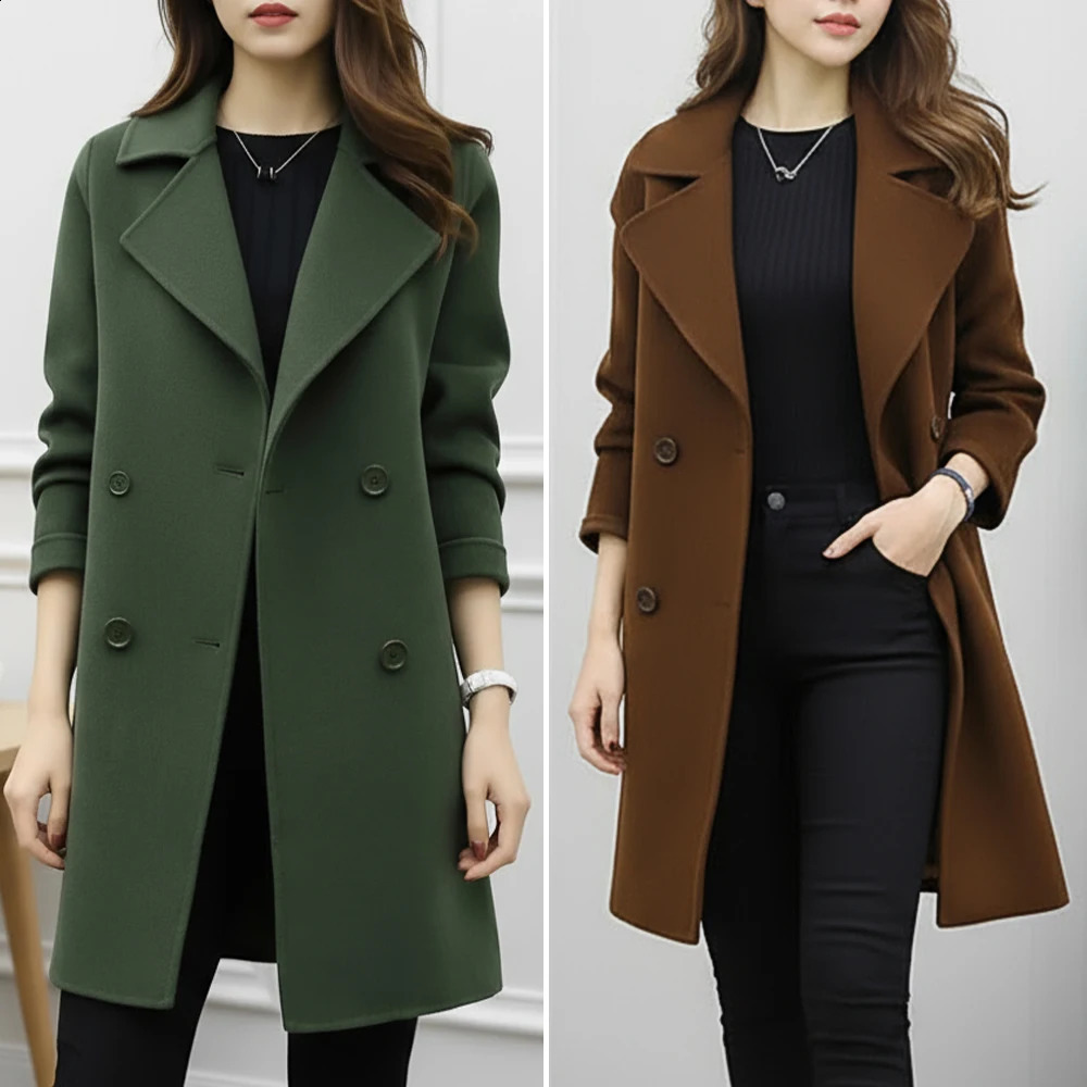 Ladies Winter Trench Coat Military Green Mid-Length Double-Breasted Elegant Lapel Long Sleeve Versatile Daily Wear 251210