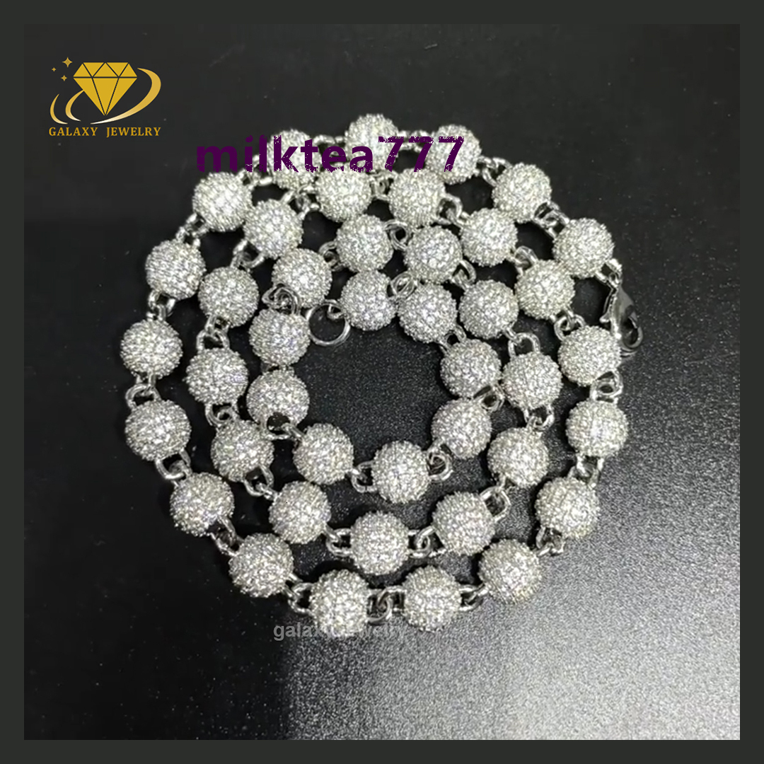 Hip Hop 4mm 6mm 8mm 10mm Pave Micro Moissanite Beads Disco Moon Ball Chain 925 Silver Beaded Bracelet Necklace for Men