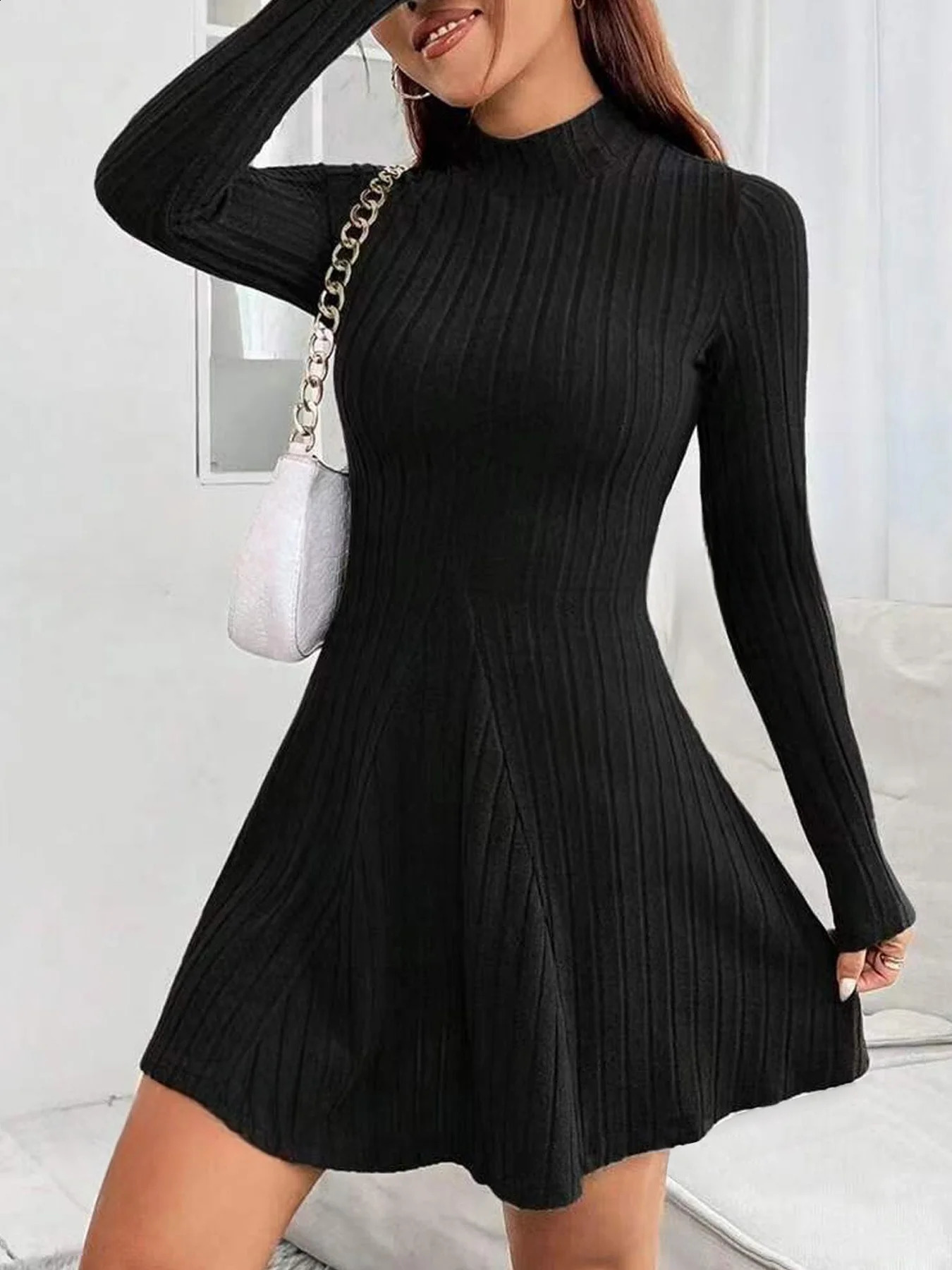 Womens slim fit half high collar waist cinched A-line skirt long sleeved pit stripe dress 251205