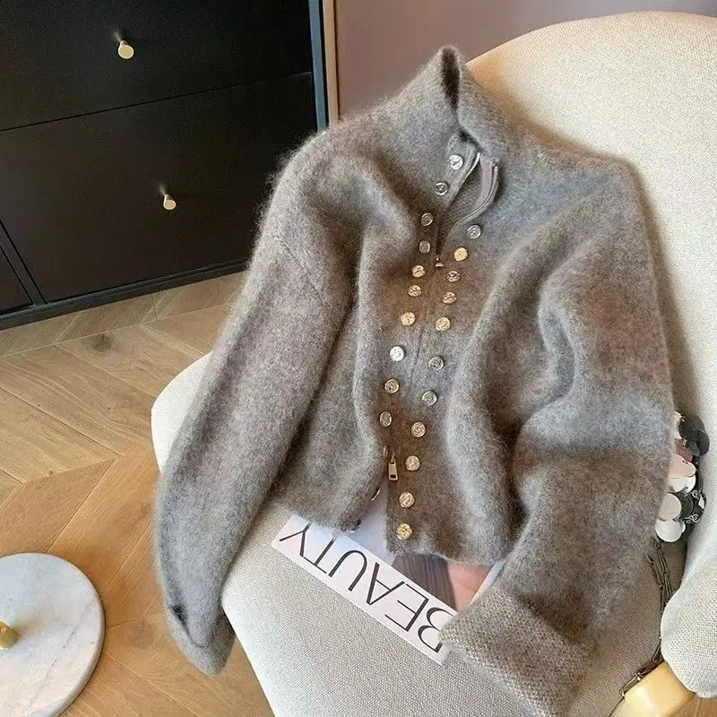 Fluffy Knitted Cardigans Sweater Double Breasted Sweater Coat Women Autumn Winter High-end Lazy Zipper Knit Top 251210