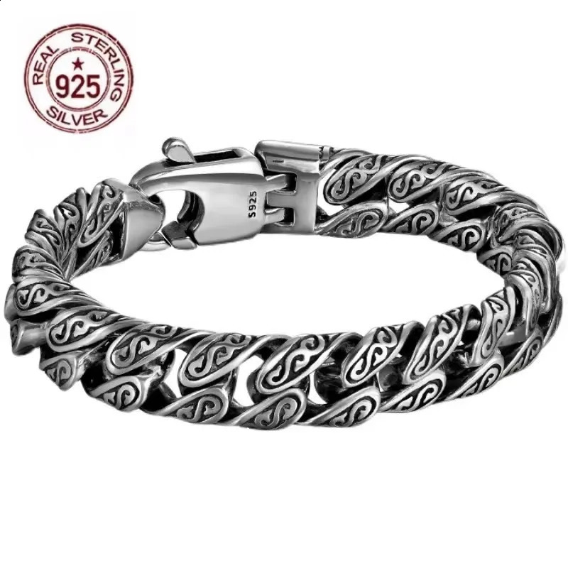 Real S925 Sterling Silver personality Tang grass pattern mens and womens retro hip Hop bracelet fashion certified jewelry gift 251204