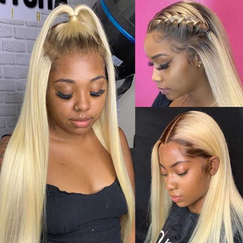 13x6 Lace Frontal Wig Brazilian Straight Human Hair Wig 2 Tone Dark Root 1B 613 Ombre Blonde Lace Front Wigs For Black Women 40 M251211-image-1088062080