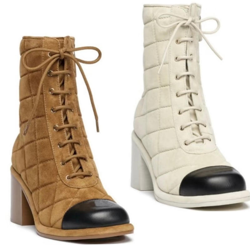 Lace up ankle boots women designer boots woman luxury designer heels martens boots quilted suede leather boots cap toes booties mirror quality 26ss