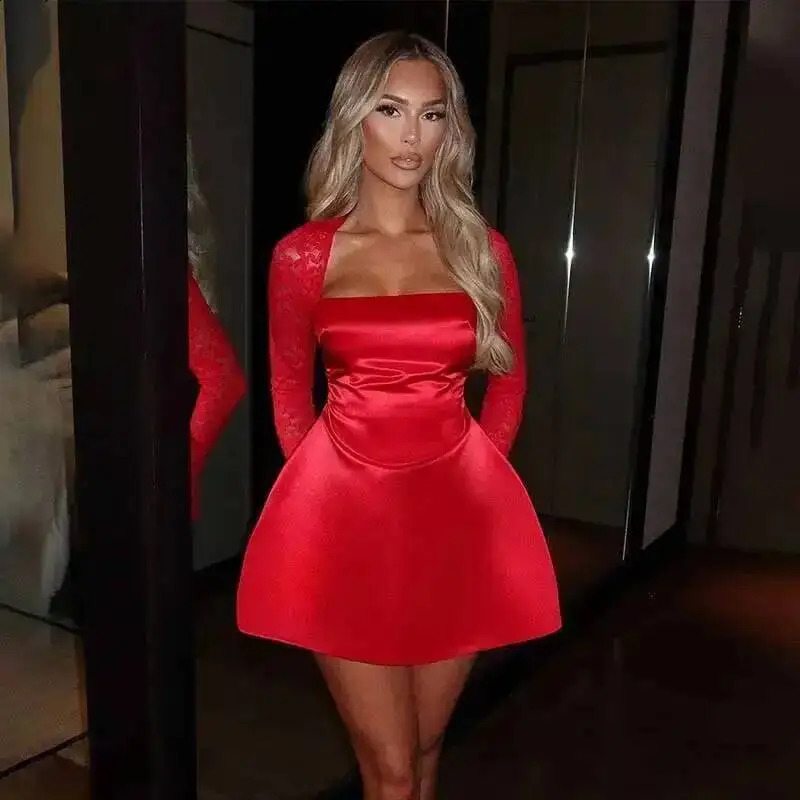 Townlike Lace Patchwork Waist Wrap A-line Dress Women Mini Autumn Winter Dress Backless Nightclub Sexy Party Dresses 251205