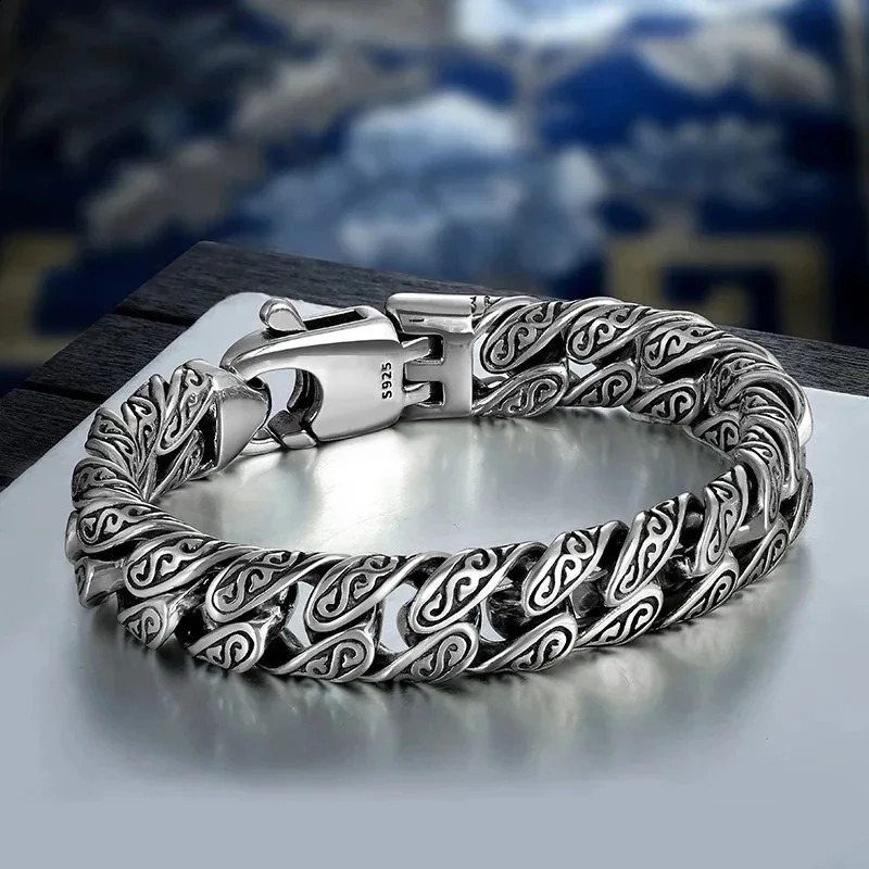Factory Price Stylish S925 sterling silver bold personality Tang grass pattern mens retro hip hop style bracelet jewelry gift 251204