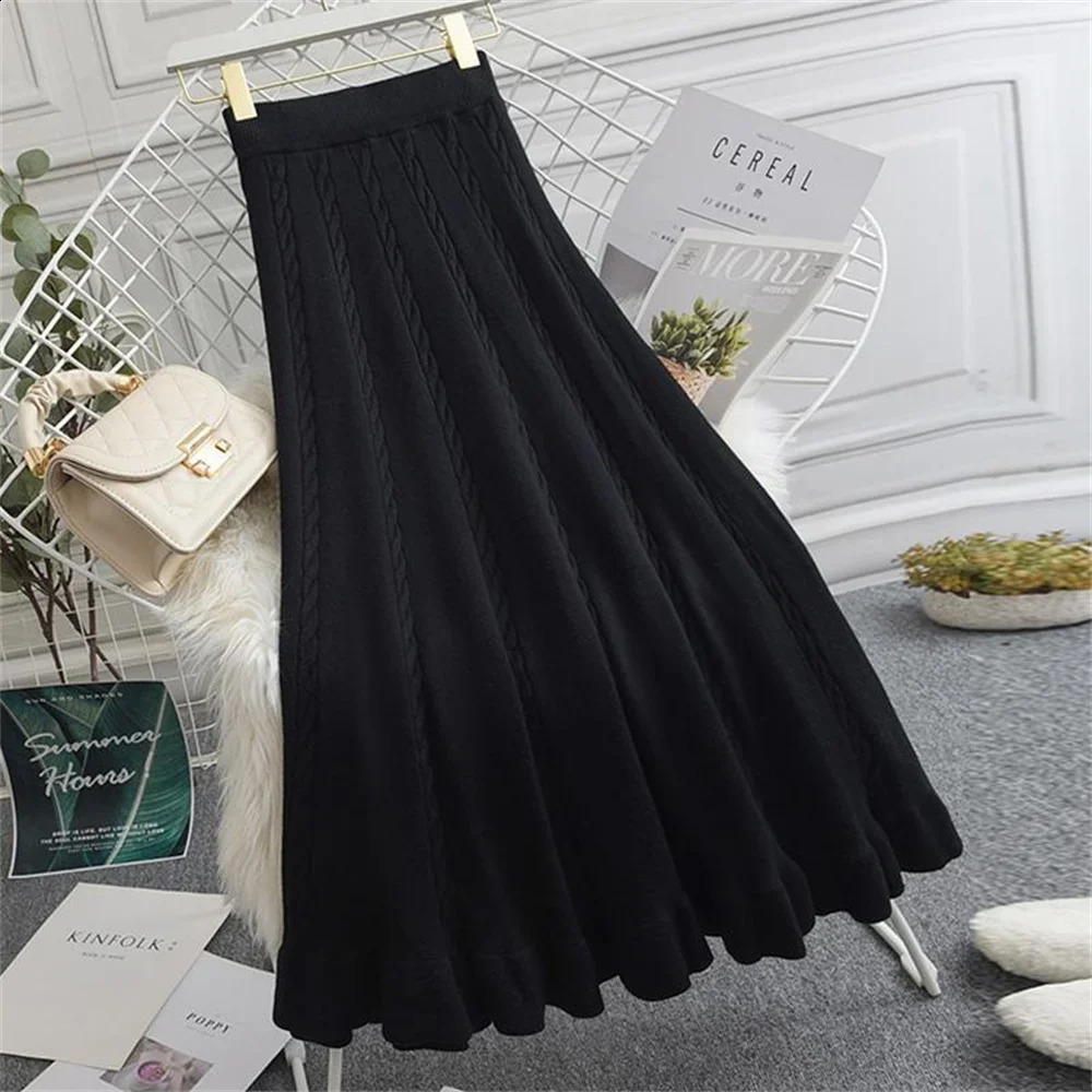 Korean Fashion Female Ladies Knitted Long Maxi Skirt Women Fall Winter Casual Thick Warm A Line Elegant High Waist 251209